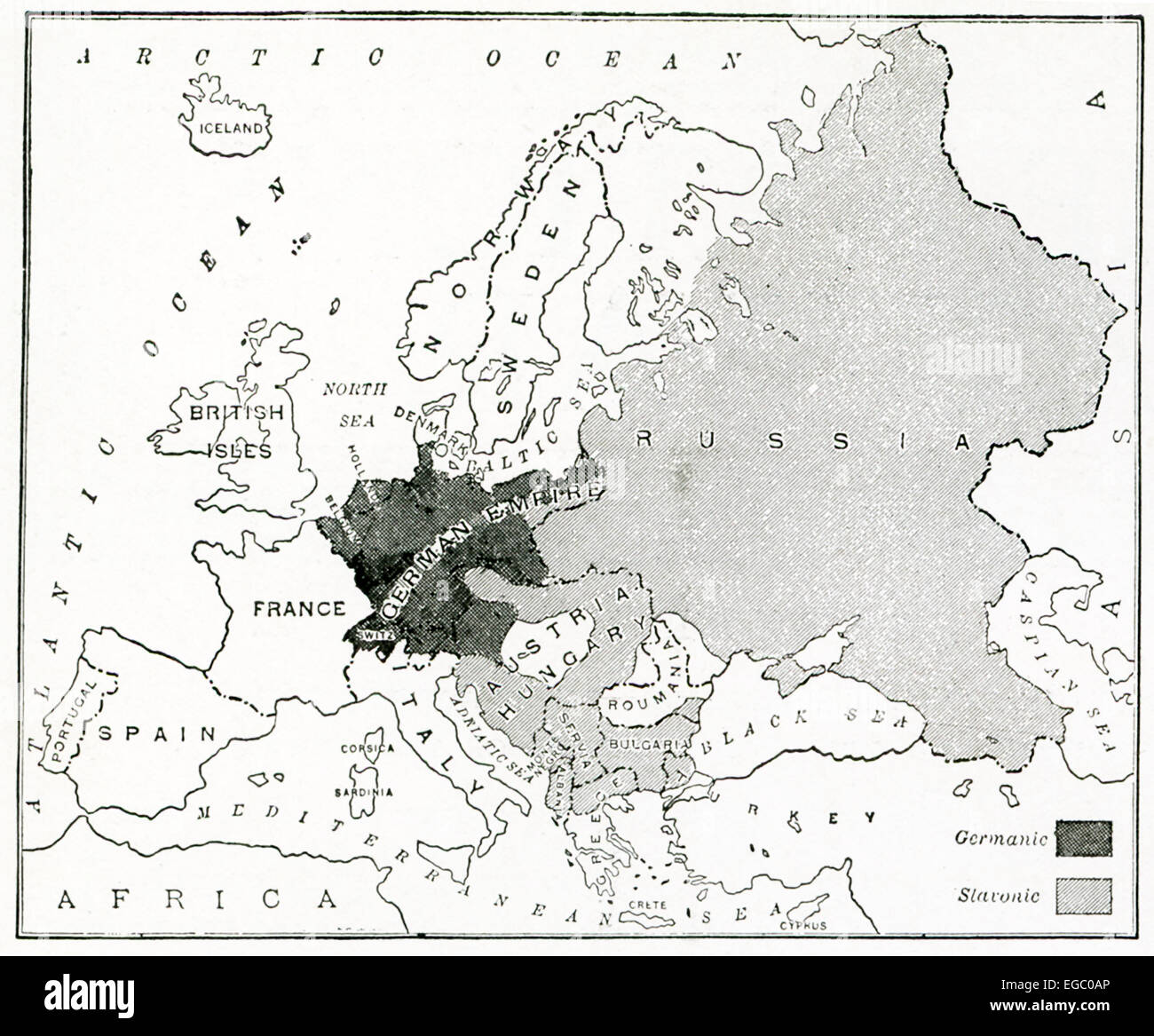 This map shows Europe at the start of World War I. The lightly shaded area represents the lands inhabited predominantly by Slavs. The dark shaded area represents the lands inhabited predominantly by Germans. Stock Photo