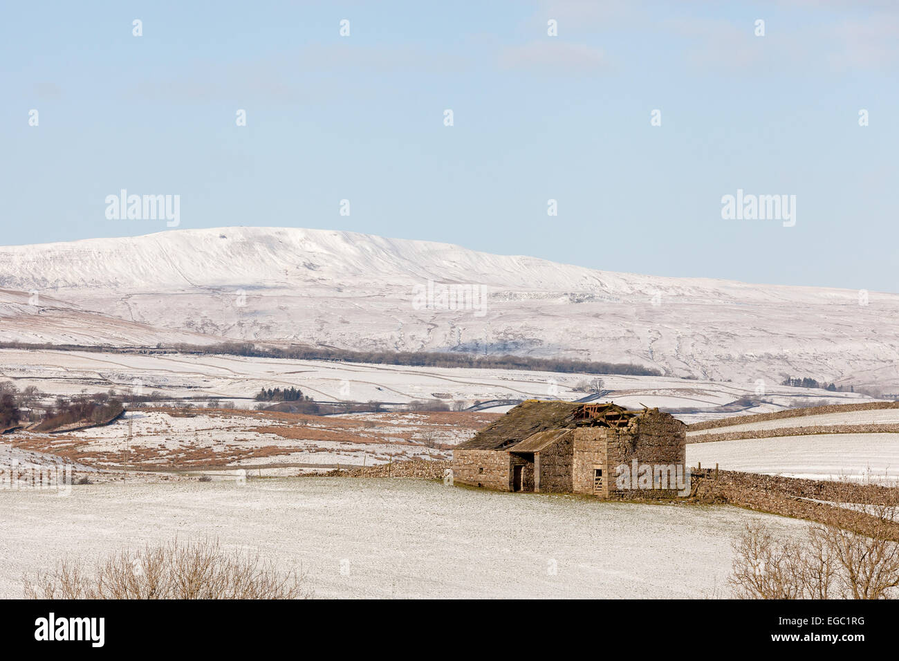 The view from Ribblesdale to Whernside in the Yorkshire Dales on a snow covered winter's day. Stock Photo