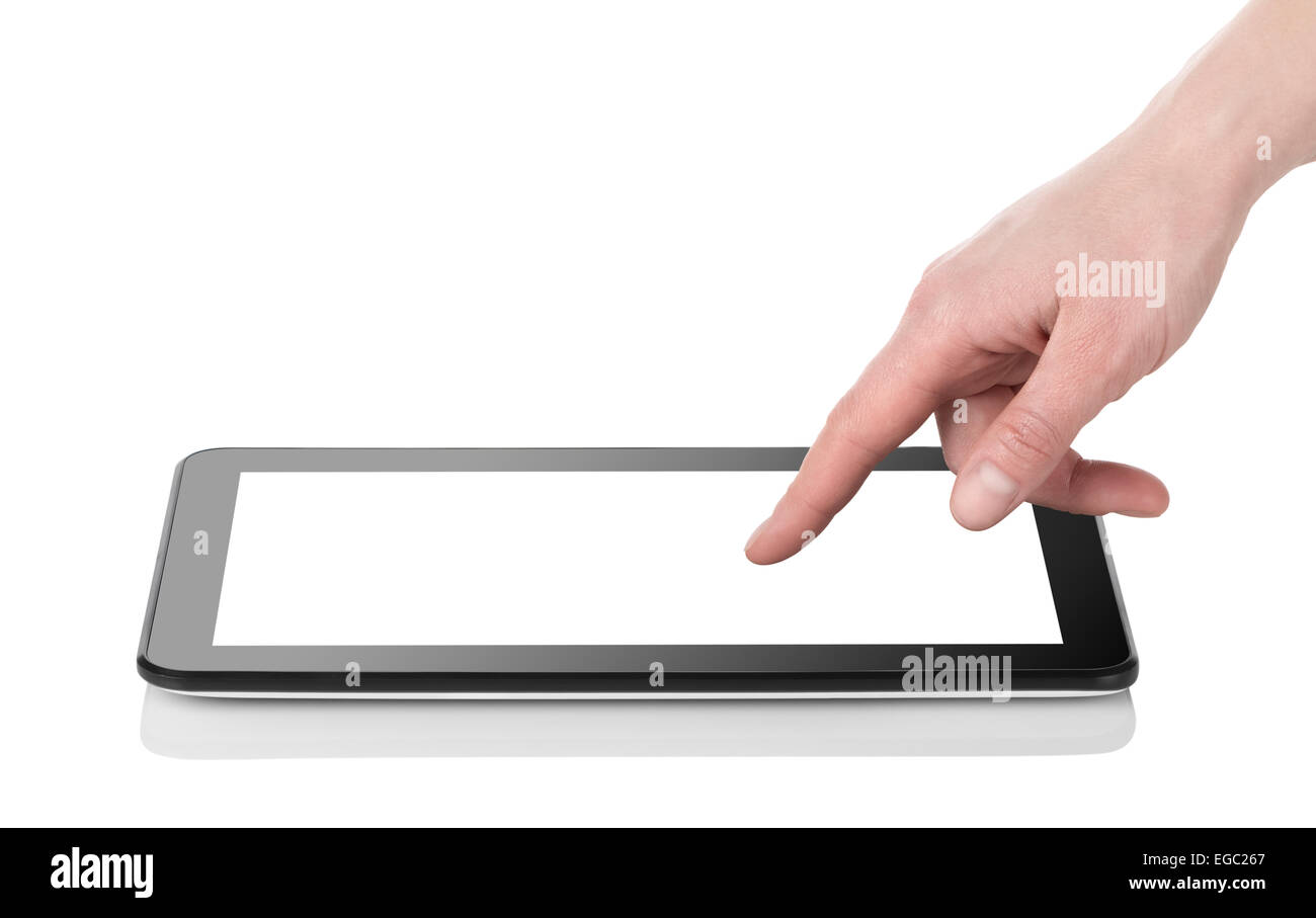 Hand and black tablet isolated on a white background Stock Photo - Alamy