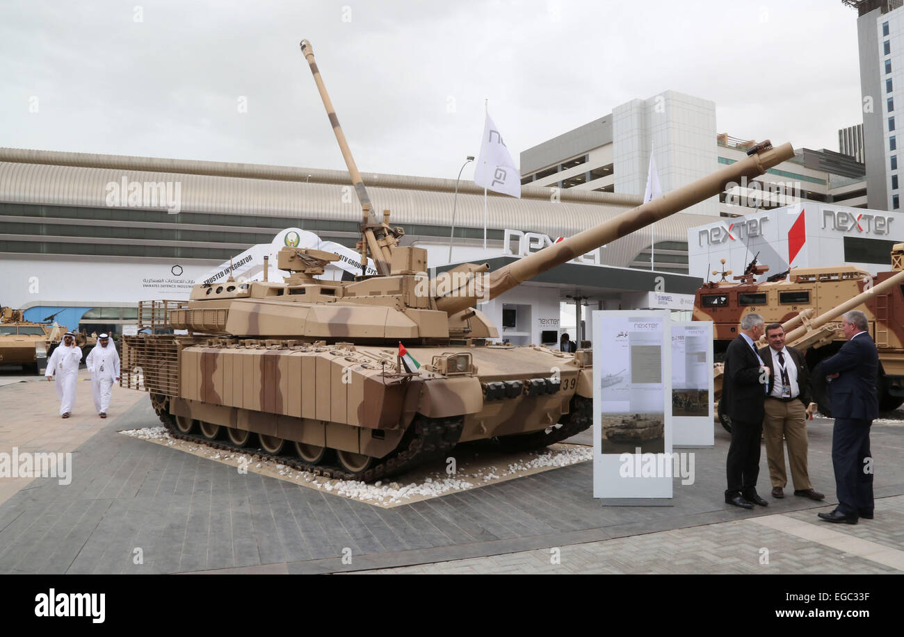 Abu Dhabi, United Arab Emirates. 22nd Feb, 2015. A Leclerc MBT tank is seen during the International Defence Exhibition and Conference (IDEX) in Abu Dhabi, the United Arab Emirates, Feb. 22, 2015. The IDEX opened here on Sunday. © Li Zhen/Xinhua/Alamy Live News Stock Photo