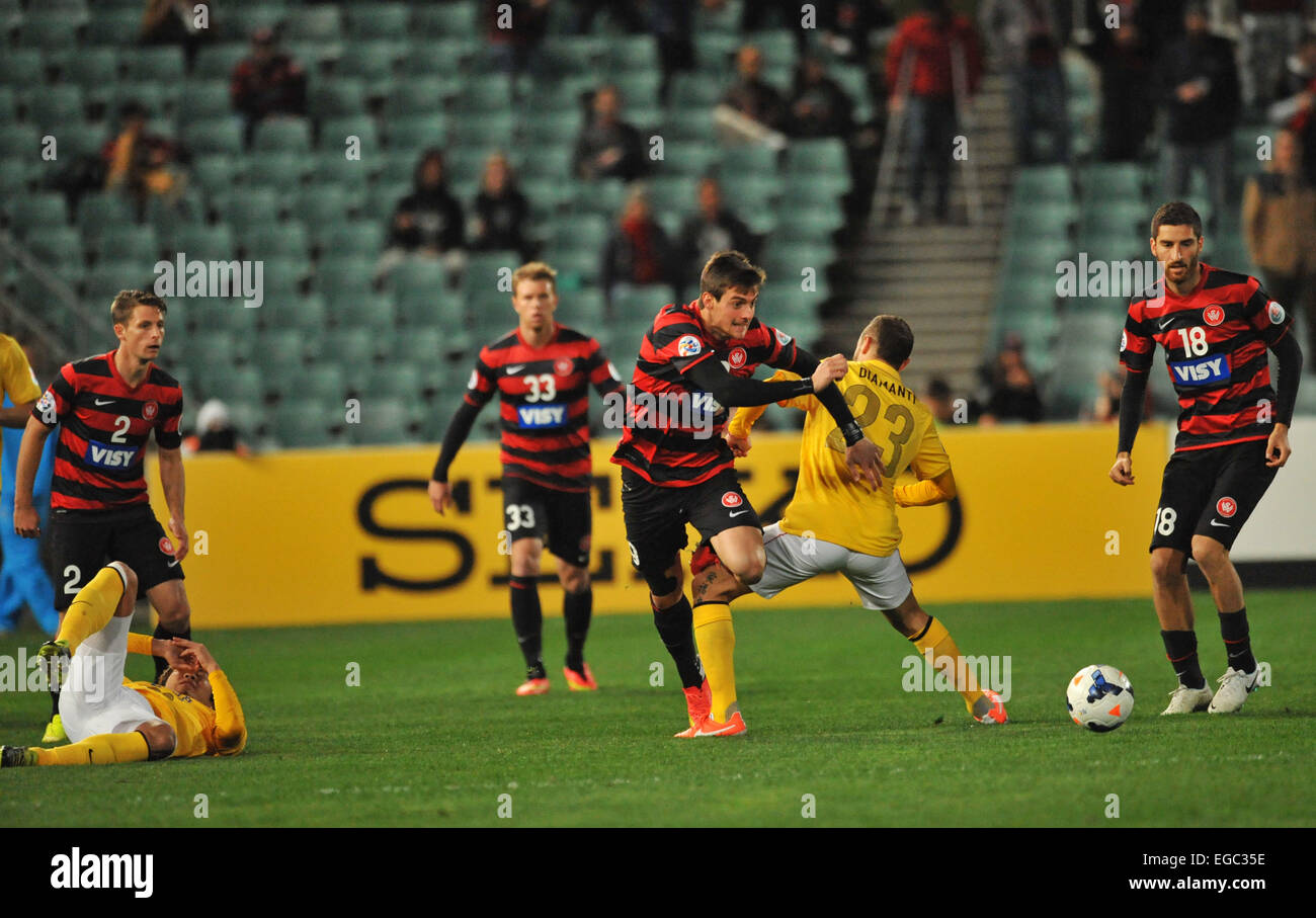 Western Sydney Wanderers have beaten Guangzhou Evergrande in the first leg of their AFC quarter final 1-0 in a often spiteful and controversial game. Featuring: Tomi Juric,Alessandro Diamanti Where: Sydney, Australia When: 20 Aug 2014 Stock Photo