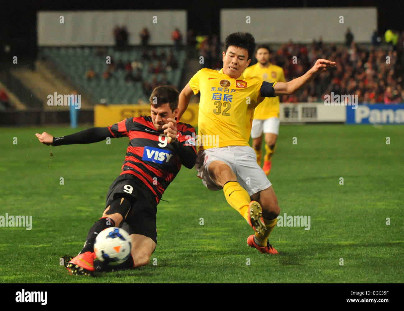 Western Sydney Wanderers have beaten Guangzhou Evergrande in the first leg of their AFC quarter final 1-0 in a often spiteful and controversial game. Featuring: Tomi Juric,Sun Xiang Wand Where: Sydney, Australia When: 20 Aug 2014 Stock Photo