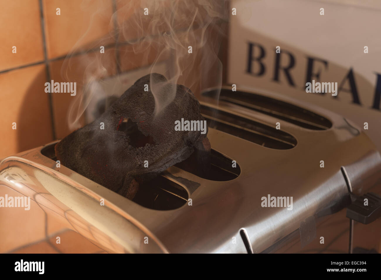 risk of fire smoking burning toast in the toaster in kitchen