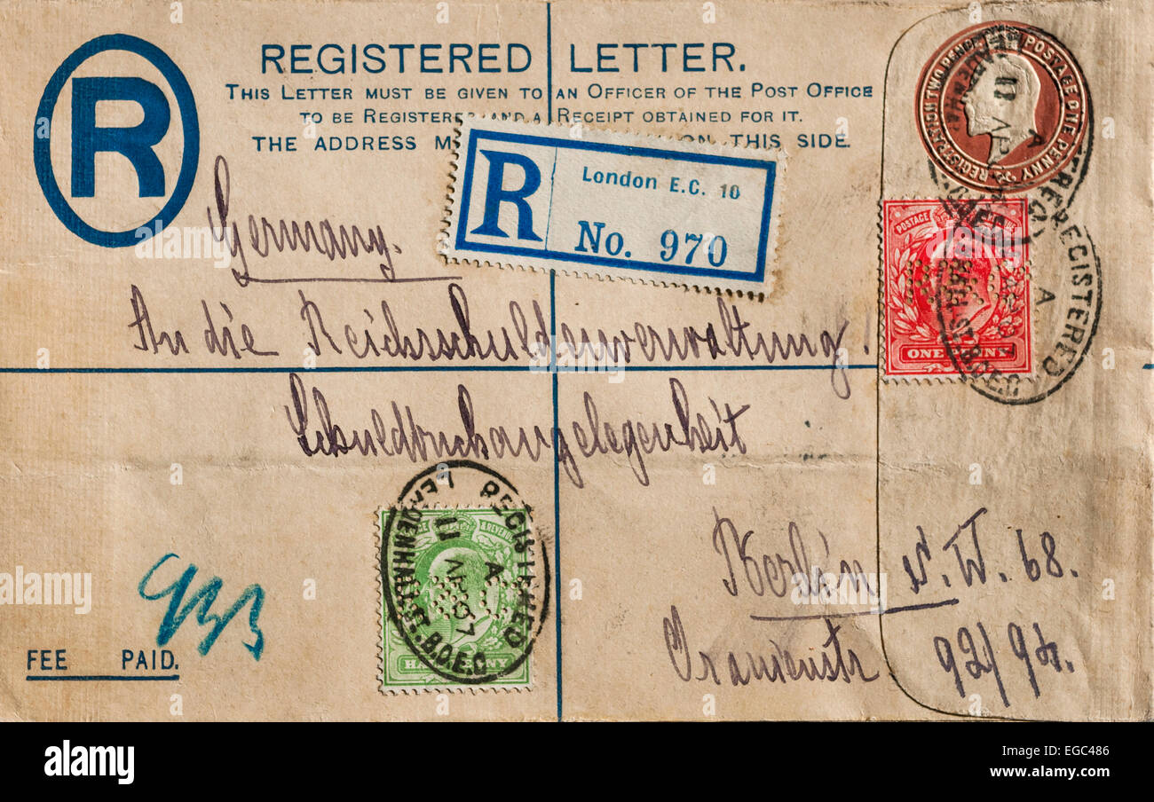 UK Registered letter King Edward VII stamps addressed to Germany. Stock Photo