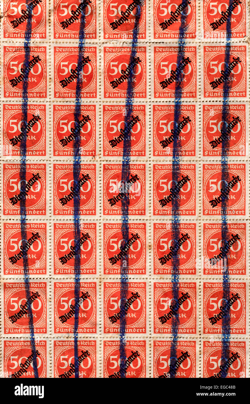 Block of cancelled 1923 German “hyper-inflation” stamps - Germany. Stock Photo