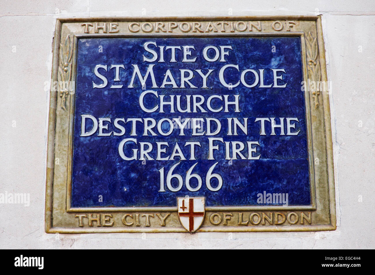 Blue Plaque Marking The Site Of St Mary Cole Church Destroyed In The Great Fire 1666 Old Jewry City Of London UK Stock Photo
