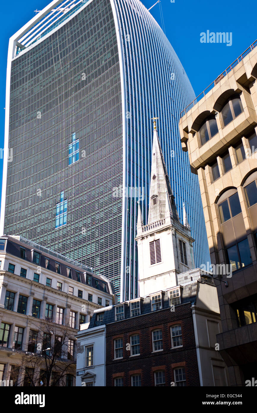 WalkieTalkie Iconic Architecture Building with St Margarets Church founded 1067 in foreground London near Tower of London,UK Stock Photo