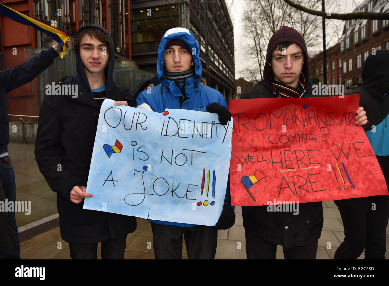 London Uk 22nd February 2015 A Group Of Ordinary People Romanians Holds A Silents Protest Against Channel 4 It Discrimination Towards Romanians Many Romanains An Act Of Racism And The Casted Romanians