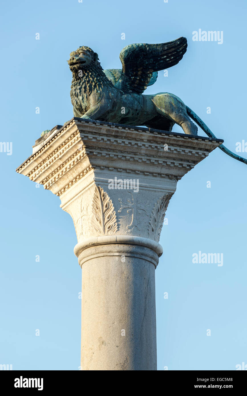 Statue of St. Mark's Lion on column, St. Mark's Square, Venice, Italy