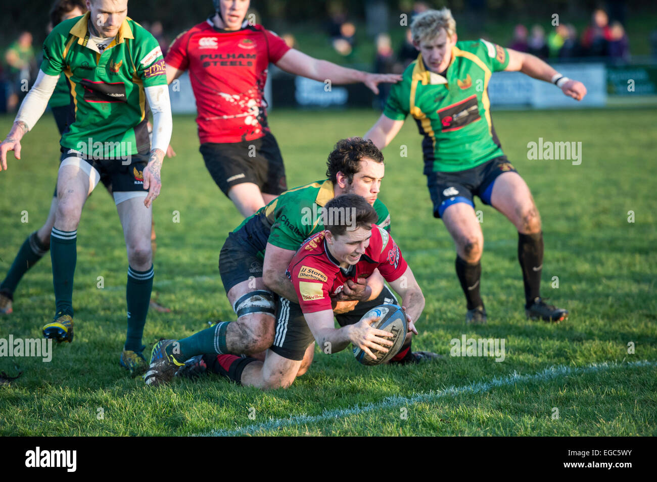 Sherborne rugby player scoring try. Stock Photo