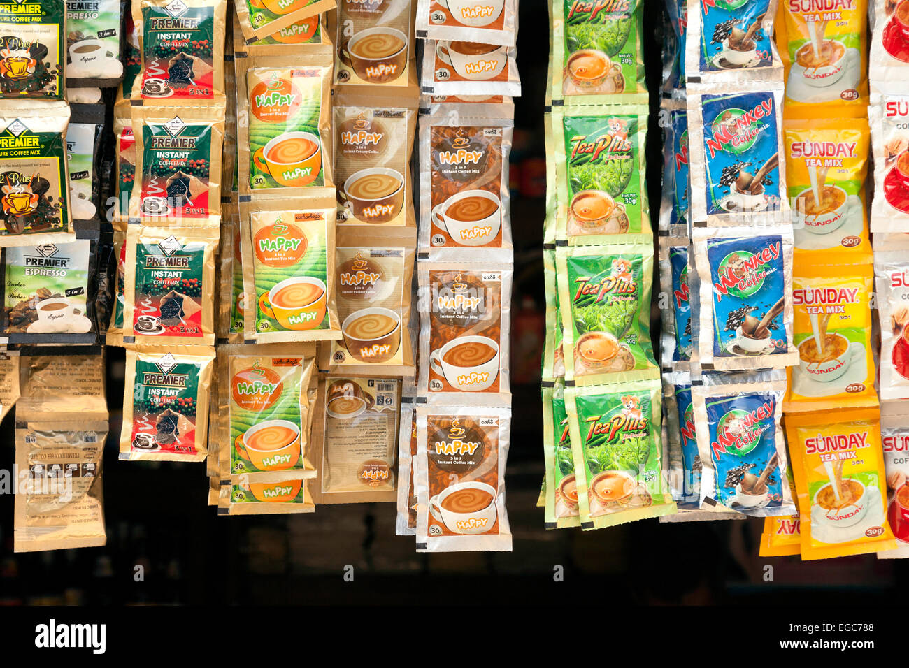 Different flavours of coffee for sale in packets, in a market, Bagan, Myanmar ( Burma ), Asia Stock Photo