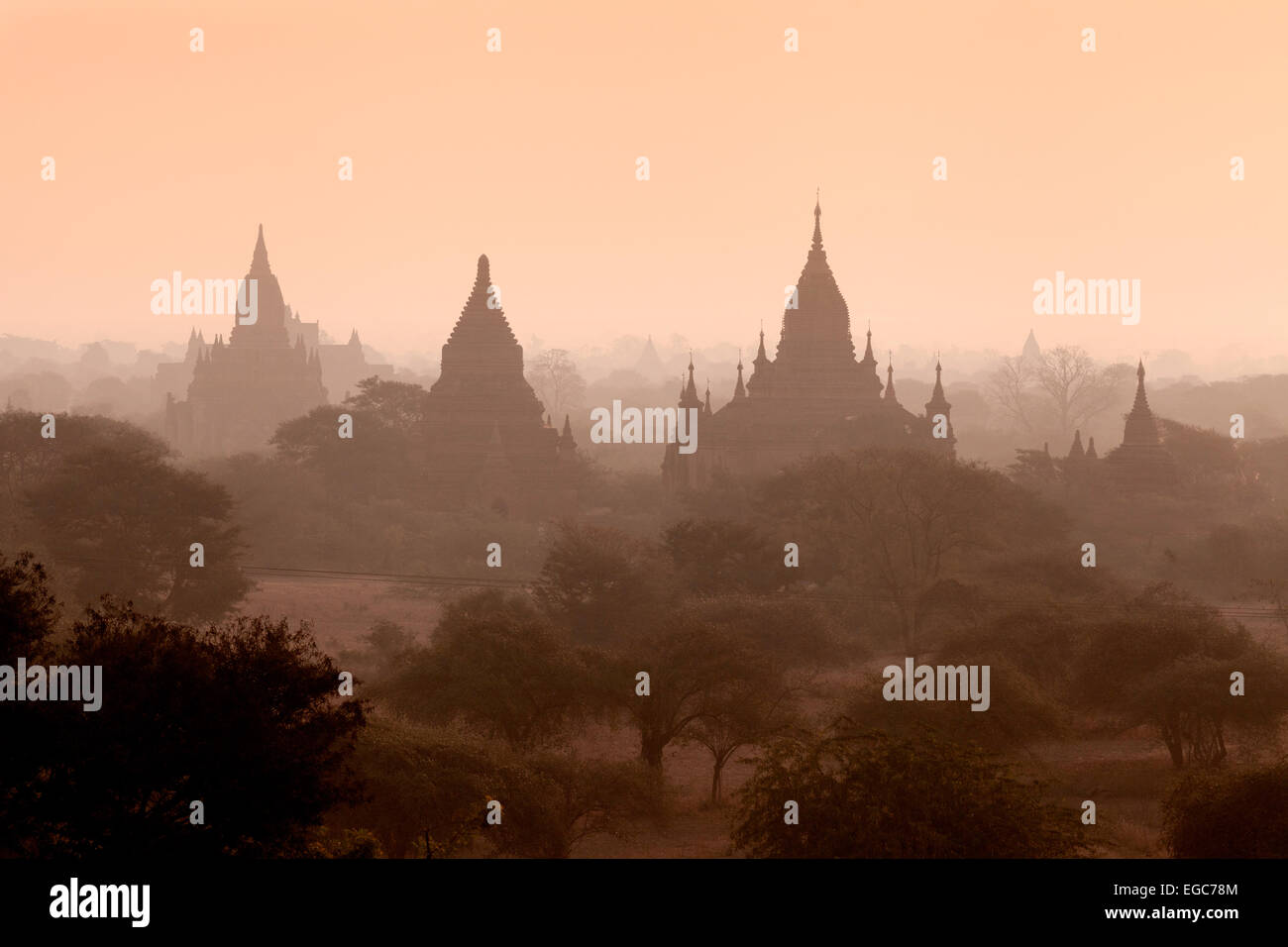 Bagan temples in the early morning mist at sunrise, Bagan Plain, Myanmar, ( Burma ), Asia Stock Photo