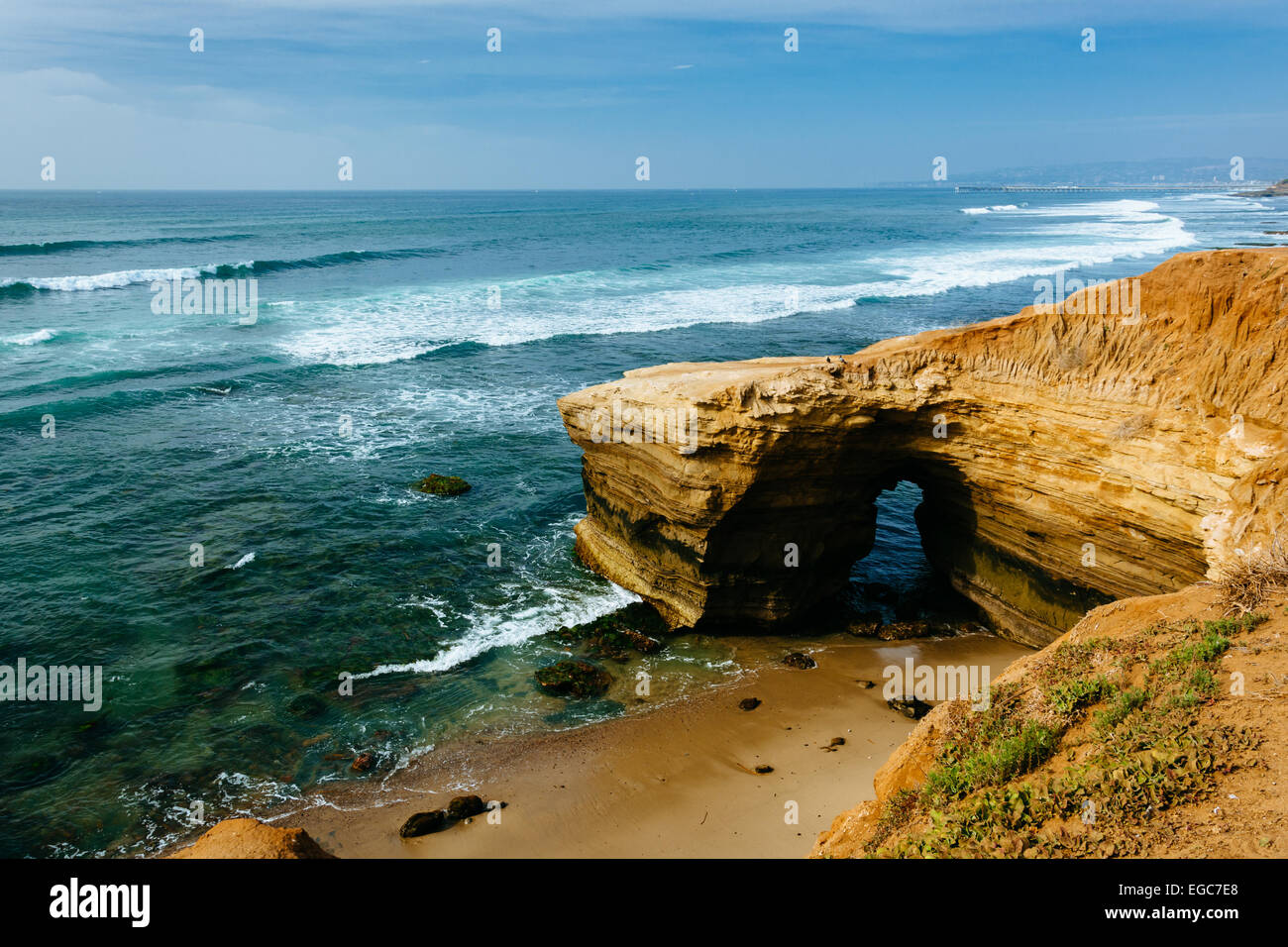 Cave and cliffs along the Pacific Ocean at Sunset Cliffs Natural Park in Point Loma, California. Stock Photo