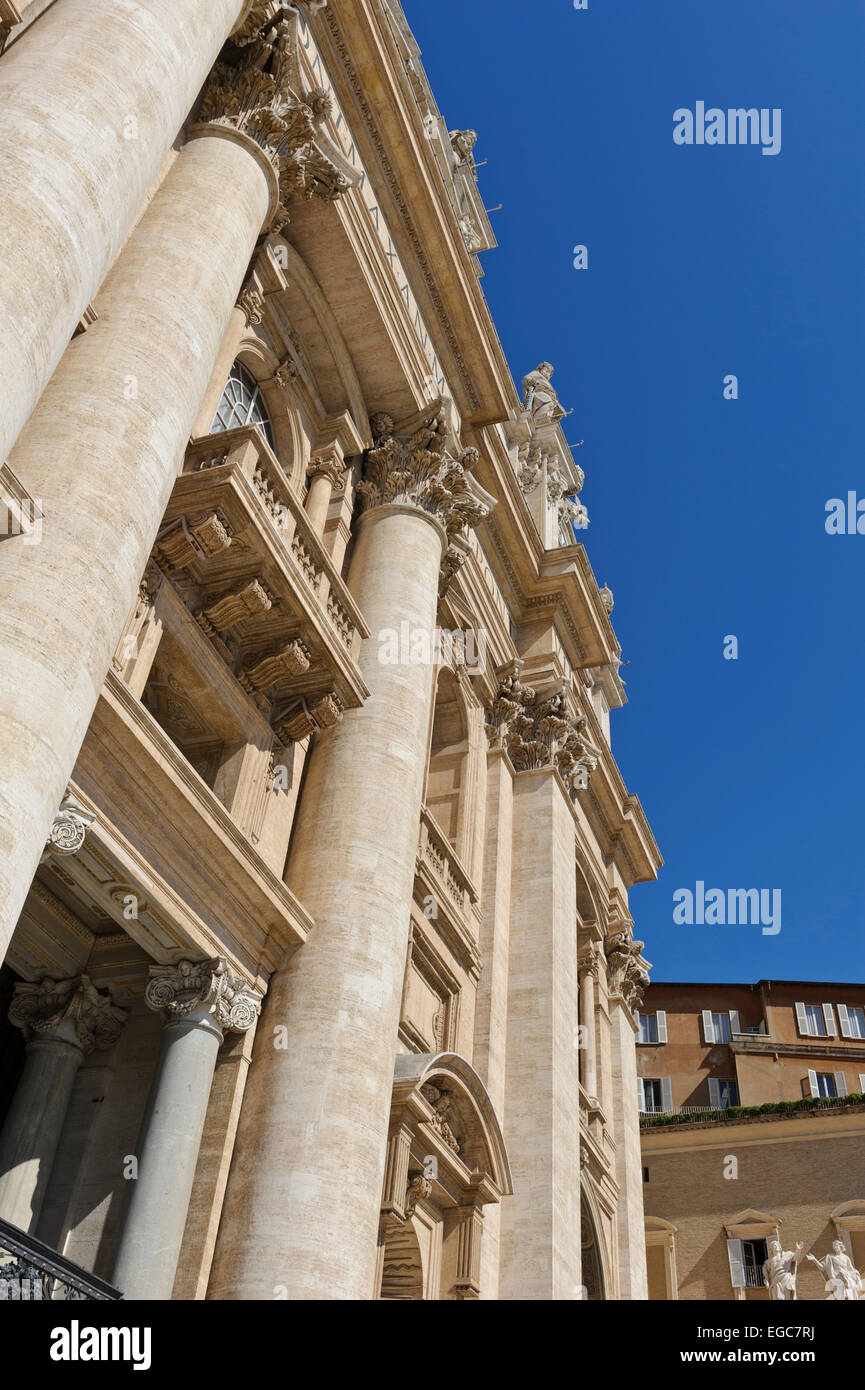 The exterior of St Peter's Basilica with huge columns, Vatican, Rome, Italy. Stock Photo
