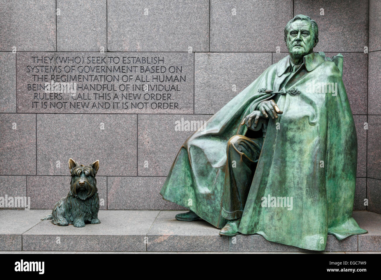 Statue of FDR and his dog Fala at the Franklin Delano Roosevelt memorial in Washington D.C. Stock Photo