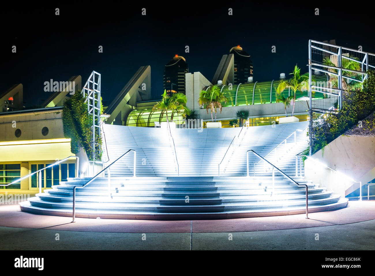 Large staircase at the Convention Center at night, in San Diego, California. Stock Photo
