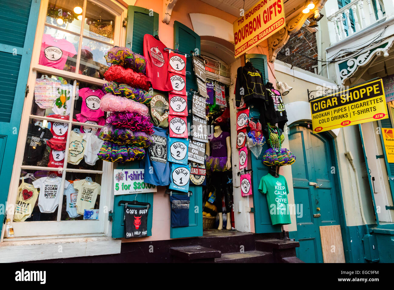 Gift shop at Bourbon street, New Orleans. Famous Bourbon street is a center of nightlife in New Orleans Stock Photo