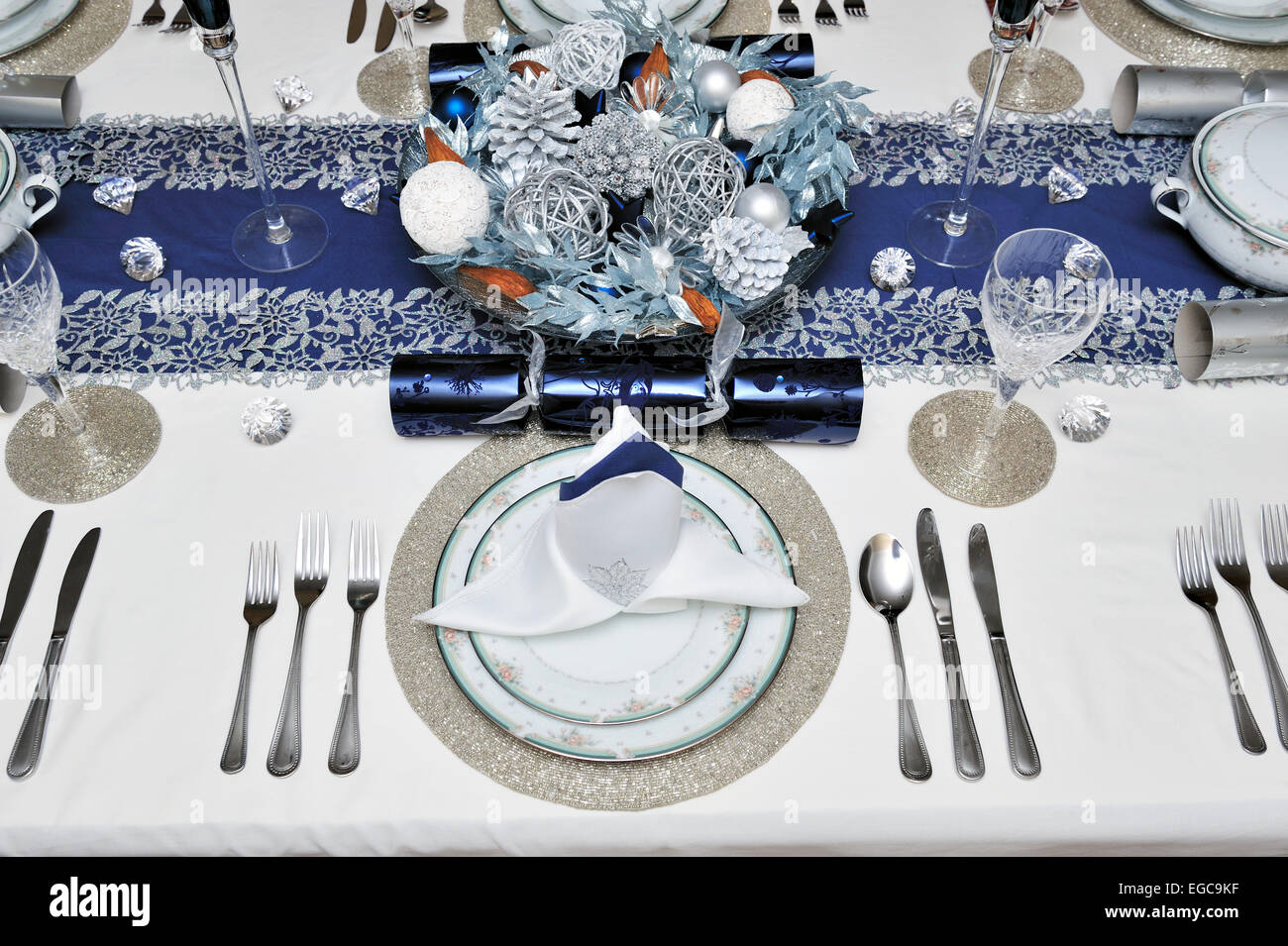 Christmas lunch dinner table setting Stock Photo