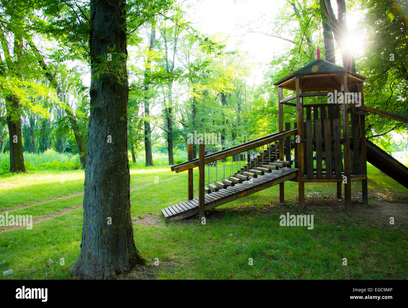 Children wooden playground in beautiful nature scenery Stock Photo