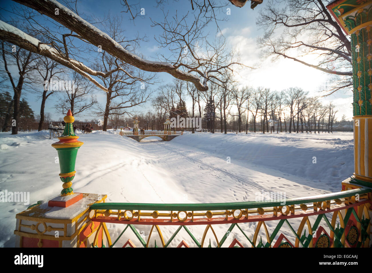 Russian winter.China biкdge in the Alexander Park. Pushkin. Tsarskoye Selo. Stock Photo