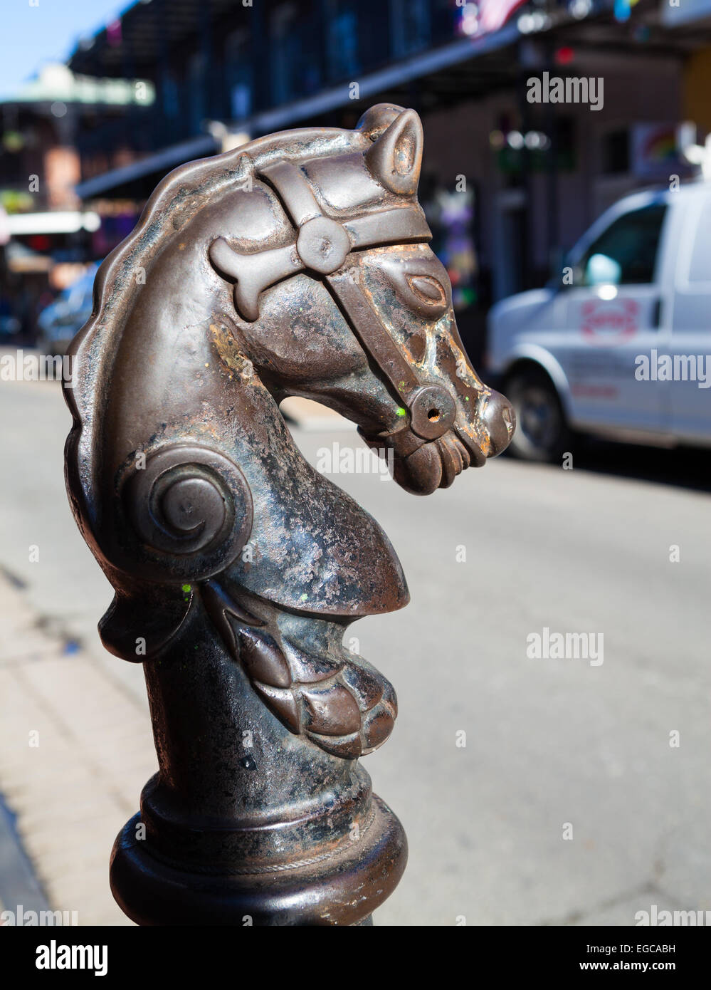 Iron Hitching Post for Horses are throughout the French Quarter, New Orleans, Louisiana Stock Photo