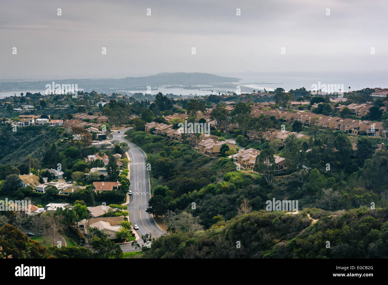 View of houses in the hills of La Jolla, from Mount Soledad, in La