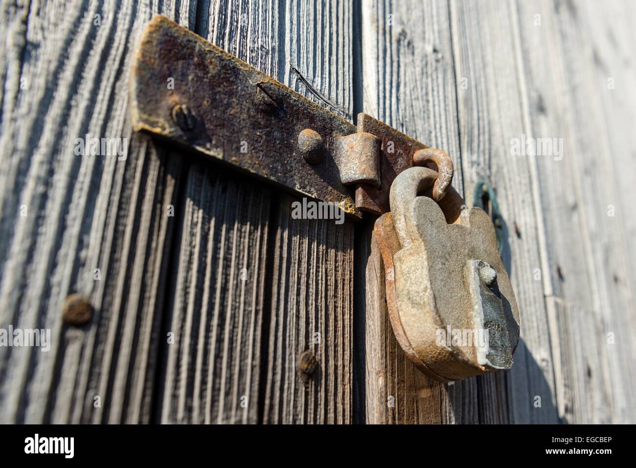 Old and rusty padlock secures an old, weathered wooden door Stock Photo ...