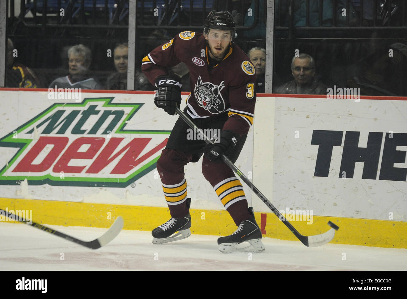 Rosemont, IL, USA. 22nd Feb, 2015. Chicago Wolves' Joel Edmundson (3) clears the puck during the American Hockey League game between the Chicago Wolves and the San Antonio Rampage at the Allstate Arena in Rosemont, IL. Patrick Gorski/CSM/Alamy Live News Stock Photo
