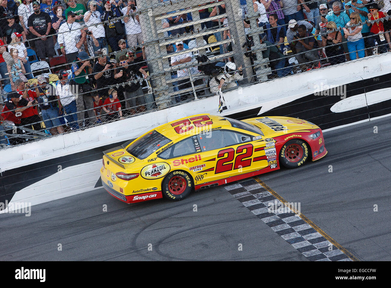 Daytona Beach, FL, USA. 22nd Feb, 2015. Daytona Beach, FL - Feb 22, 2015: Joey Logano (22) wins the Daytona 500 at Daytona International Speedway in Daytona Beach, FL. Credit:  csm/Alamy Live News Stock Photo