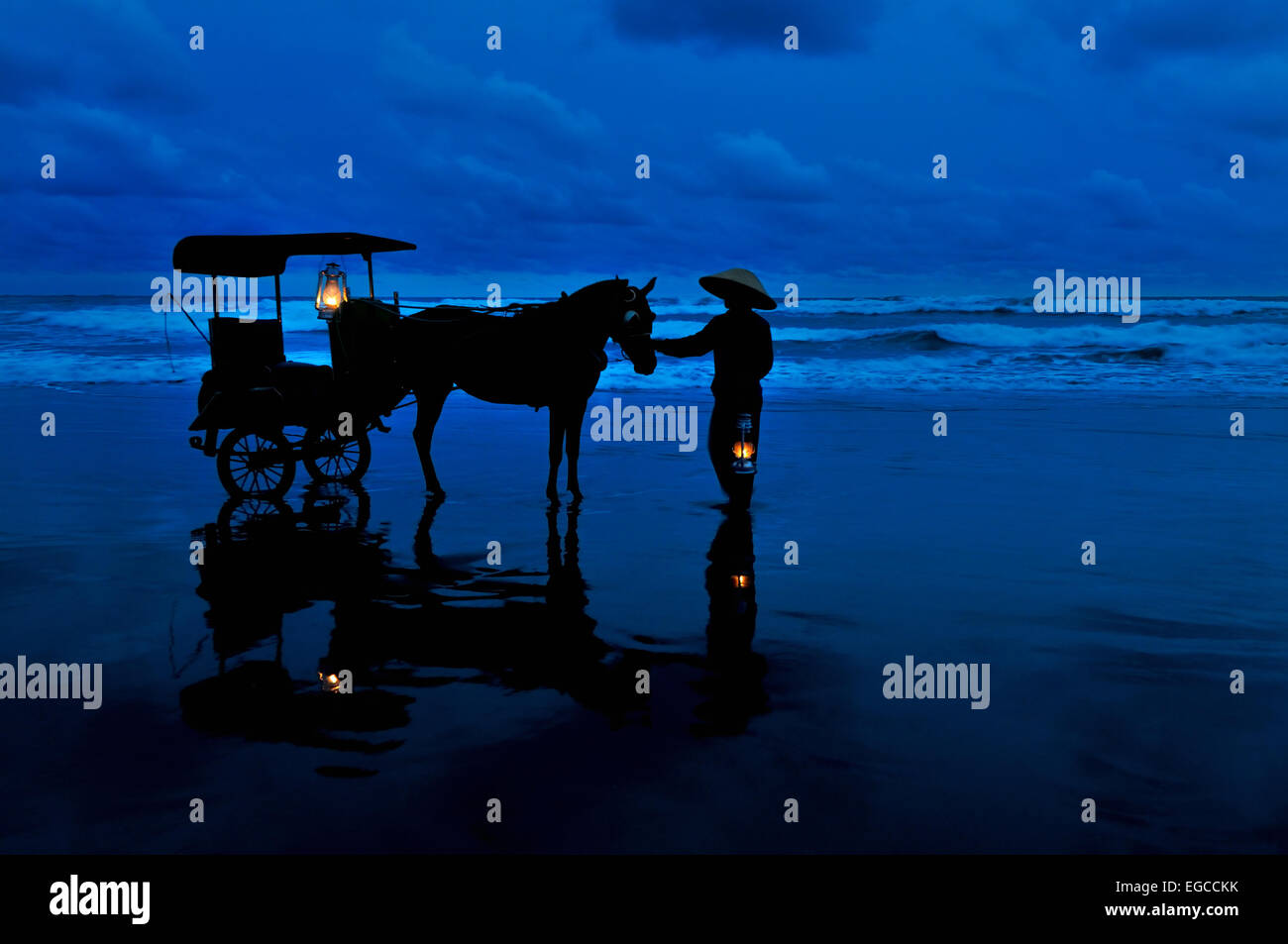 Ready for riding through the twilight. Parangtritis beach, Yogyakarta, Central Java Stock Photo