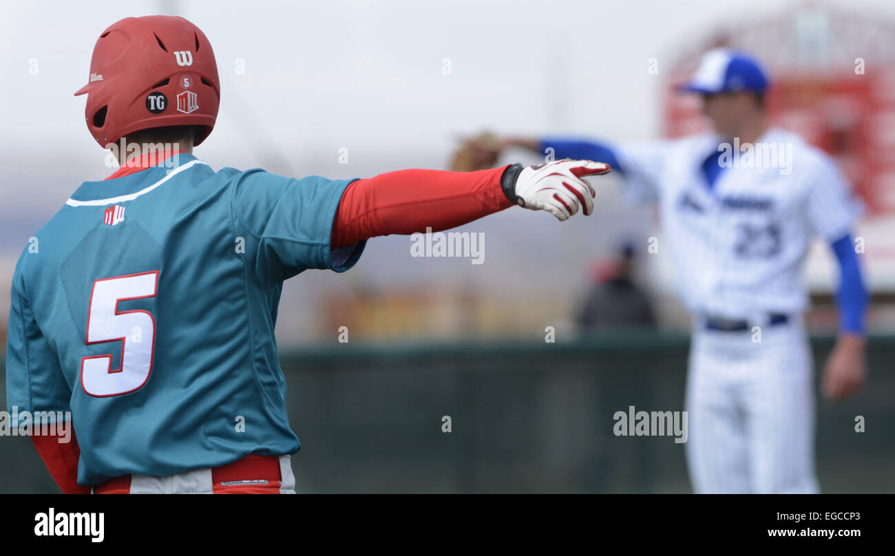 Usa. 22nd Feb, 2015. SPORTS -- The Lobos hitter Sam Haggerty, 5, and Air Force pitcher Trent Monaghan, 23, have different opinions about the Umpires third strike call in the second inning of the game at UNM on Sunday, February 22, 2015. © Greg Sorber/Albuquerque Journal/ZUMA Wire/Alamy Live News Stock Photo