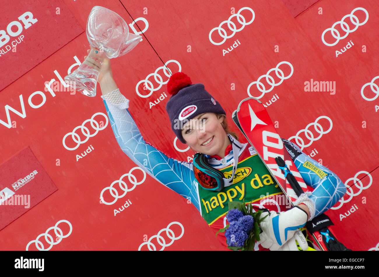 Mikaela Shiffrin (USA) on the podium celebrating her first place Slalom race at 51st Golden fox in Maribor. © Rok Rakun/Pacific Press/Alamy Live News Stock Photo