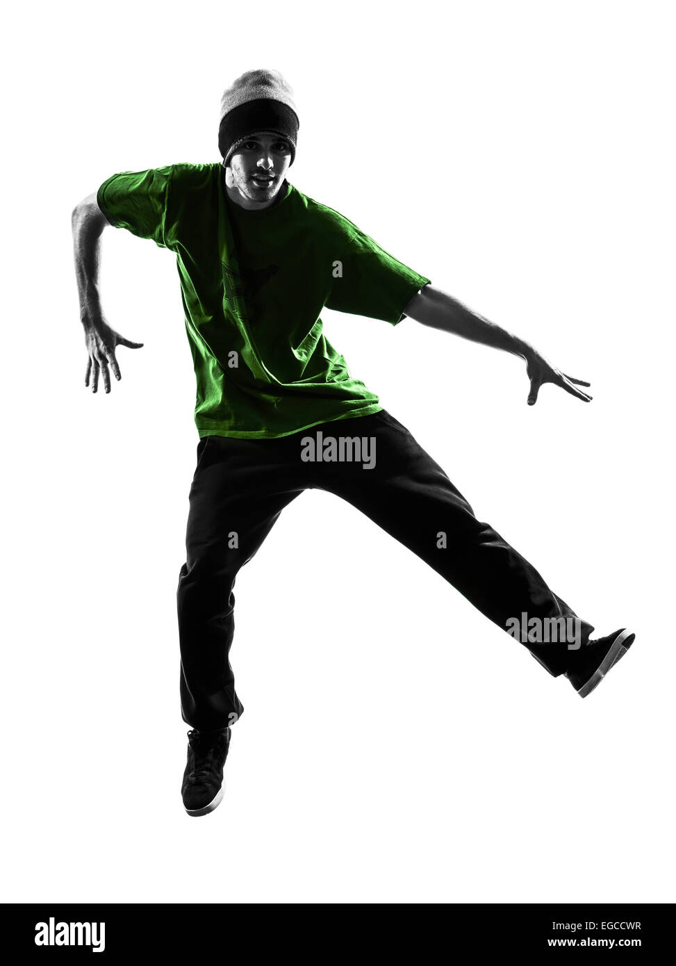 one  young acrobatic break dancer breakdancing man in silhouette white background Stock Photo
