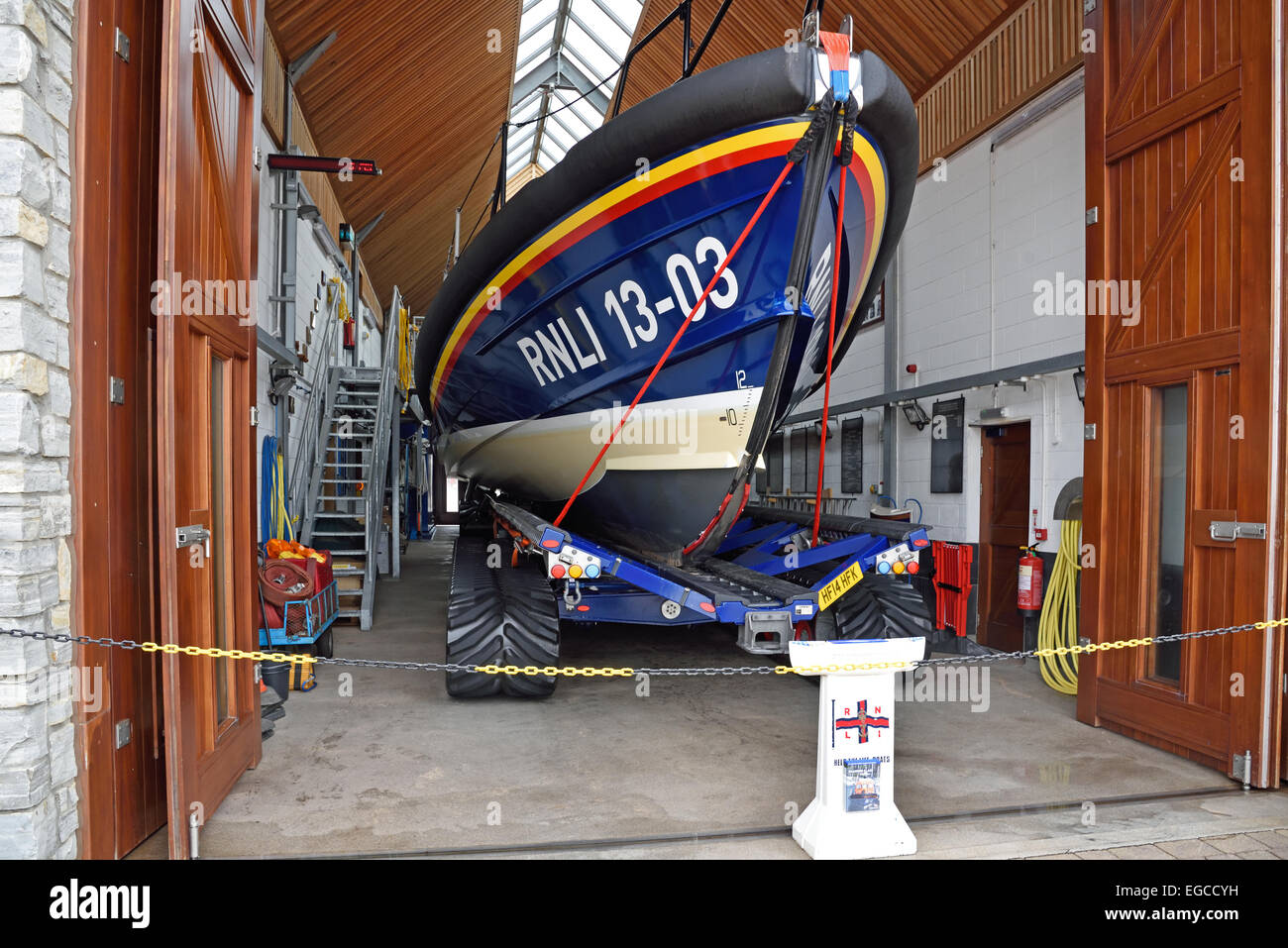 Exmouth´s Shannon Class Lifeboat.  R & J Welburn on its launching trailor in station Stock Photo