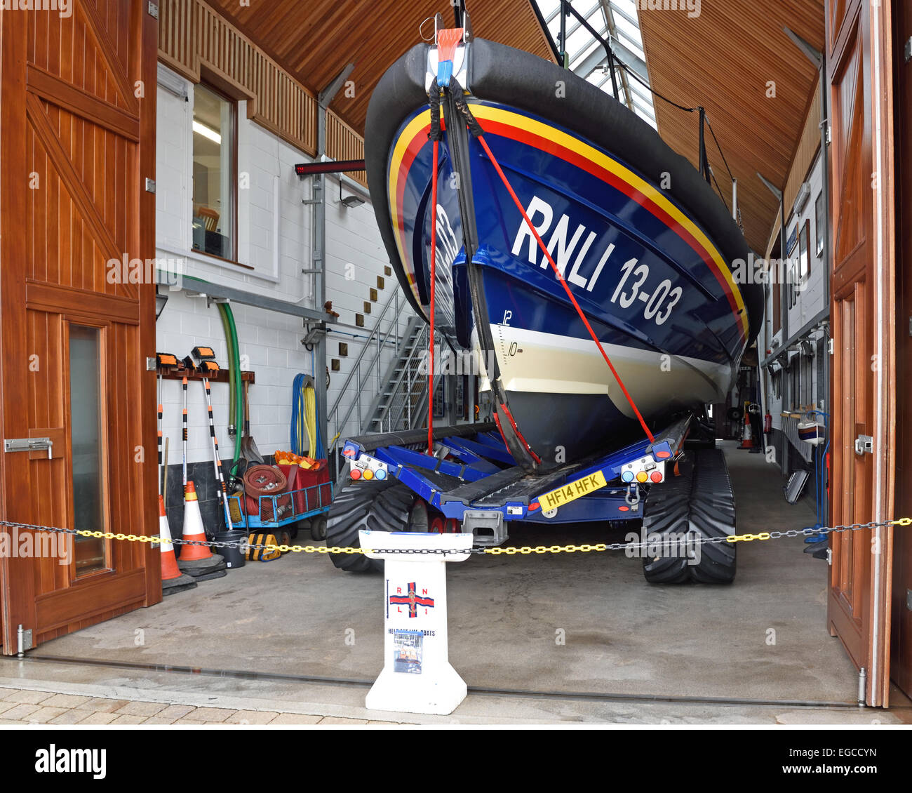 Exmouth´s Shannon Class Lifeboat.  R & J Welburn on its launching trailor in station Stock Photo