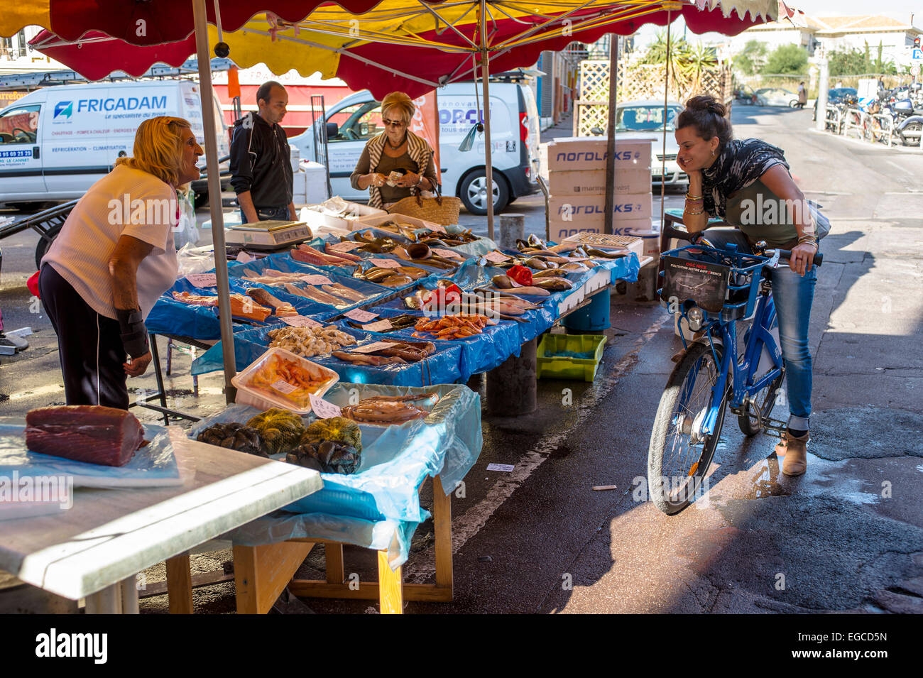 A woman (25 - 35) surveys the wares of a fish market stall from her bicycle. Nice, France. Stock Photo