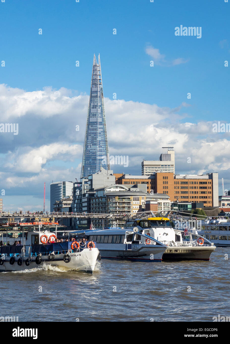 River Thames The Shard Boat Tour Tourists London South Bank-PORTRAIT Stock Photo