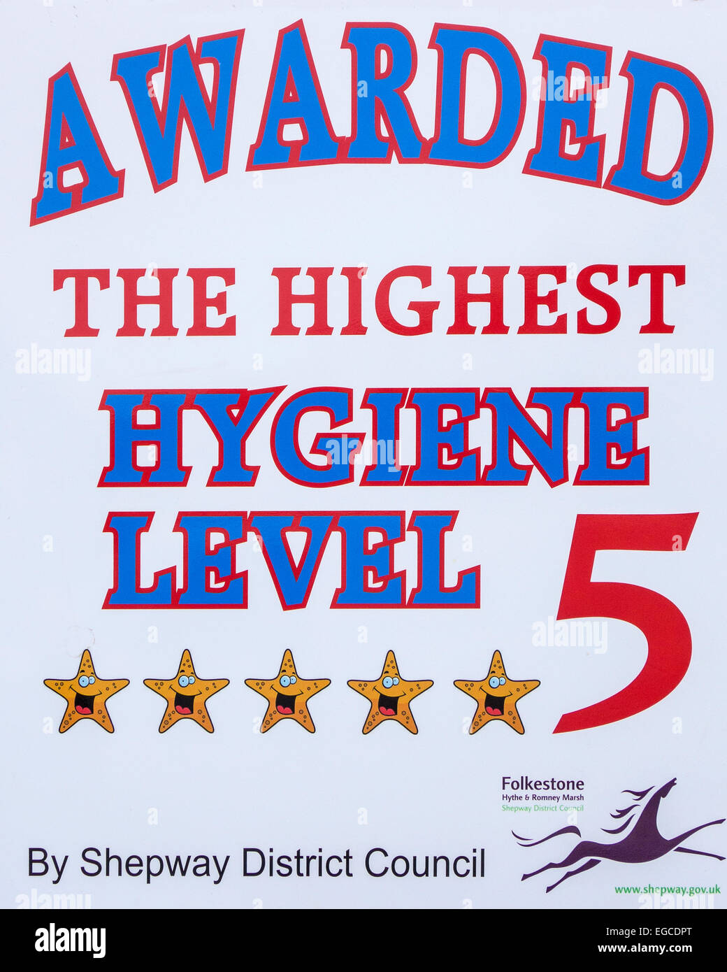Hygiene Award Highest Level Five Hygiene Awarded by Shepway District  Council Folkestone Stock Photo