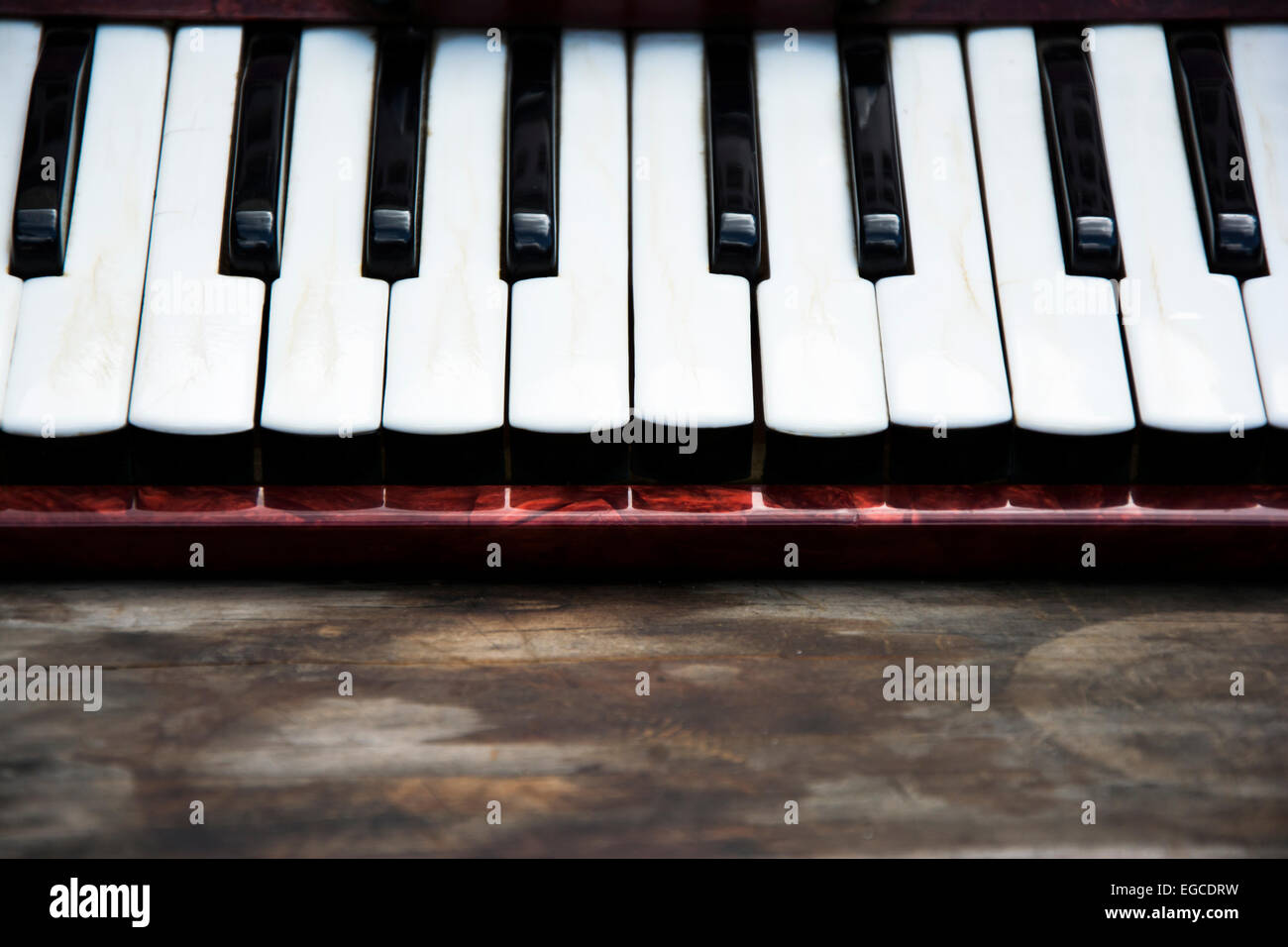Keyboard closeup on a red classic children accordion Stock Photo