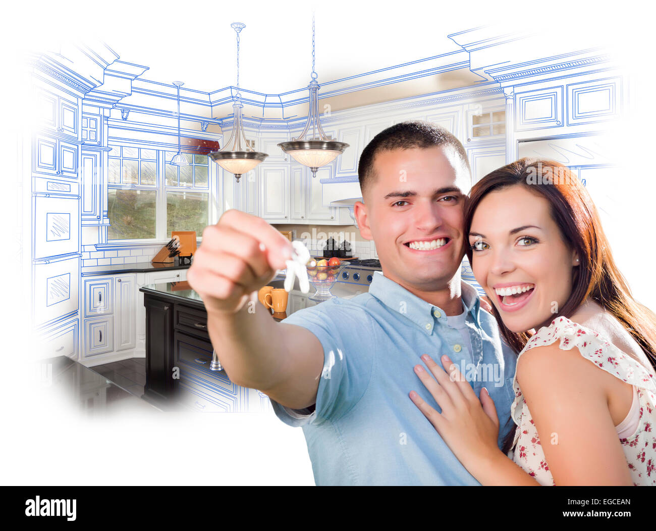Young Happy Military Couple with New House Keys Over Kitchen Drawing ...