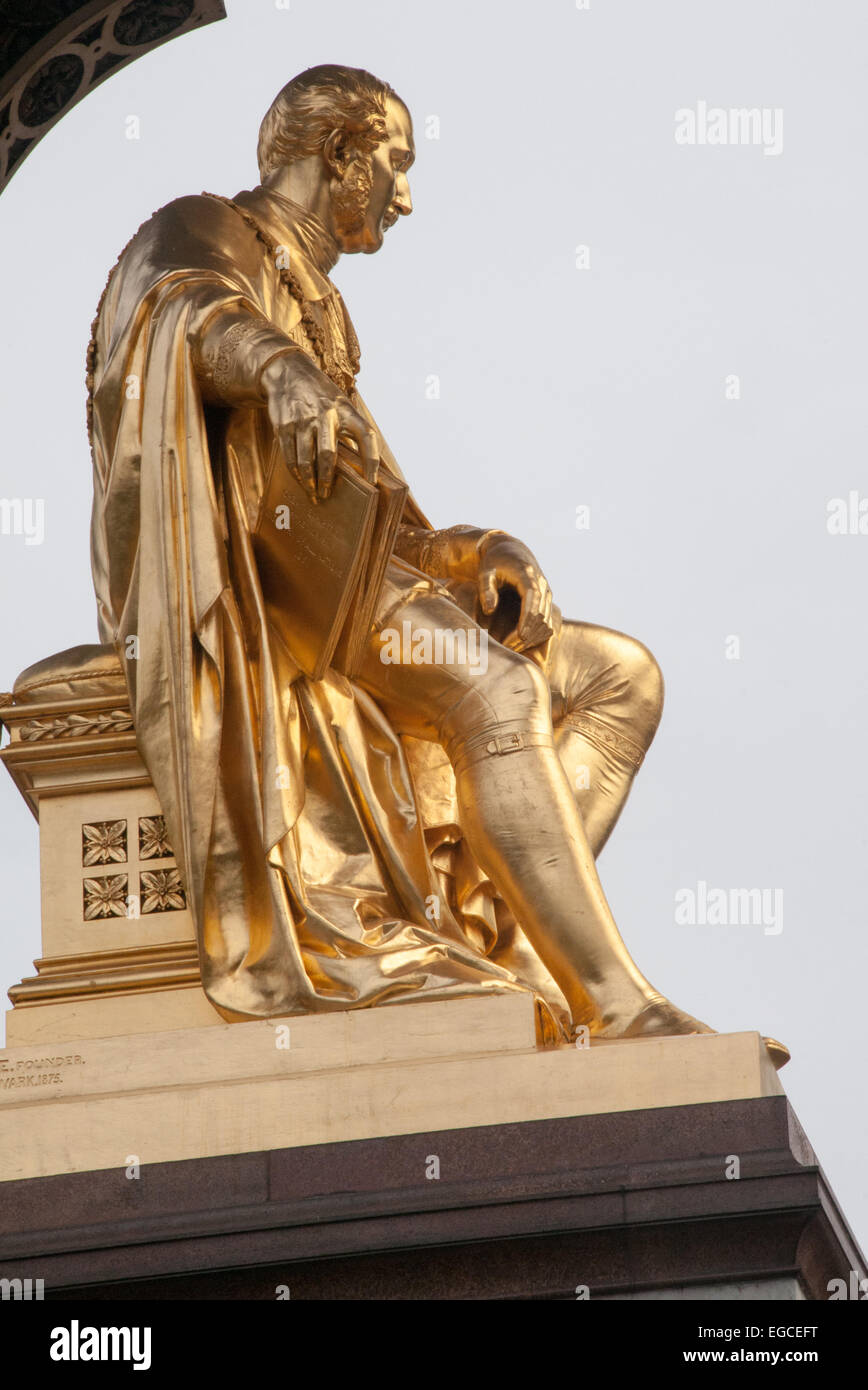 The gilded statue of Prince Albert at the center of the Albert Memorial, London. Stock Photo
