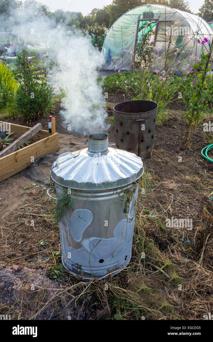 Allotment Incinerator Burning Weeds Prunings Stock Photo
