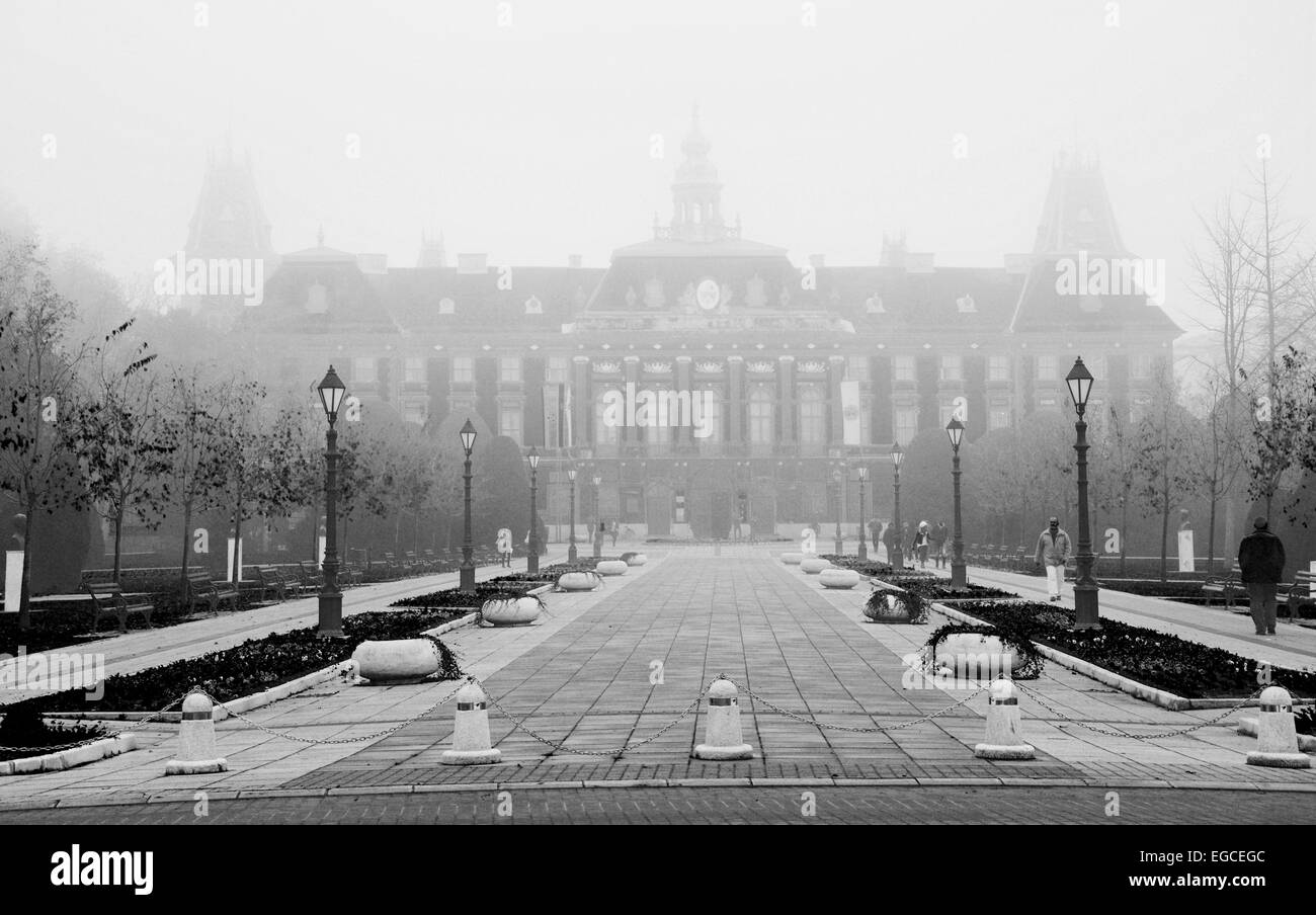 City hall in fog at Sombor Serbia in black and white Stock Photo