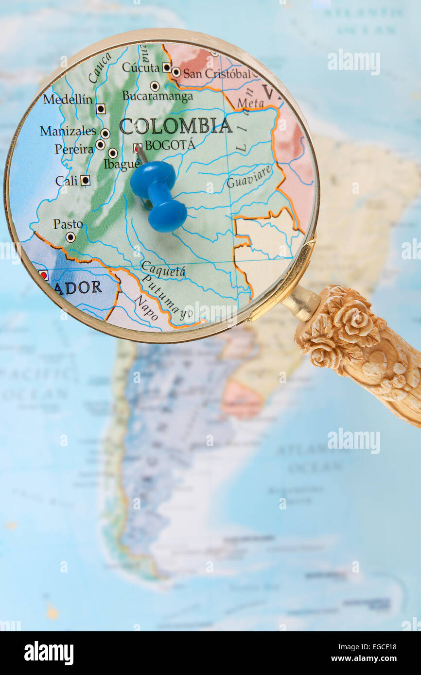 Blue Tack On Map Of South America With Magnifying Glass Looking In On Stock Photo Alamy Blue Tack On Map Of South America With Magnifying Glass Looking In On Stock Photo Alamy