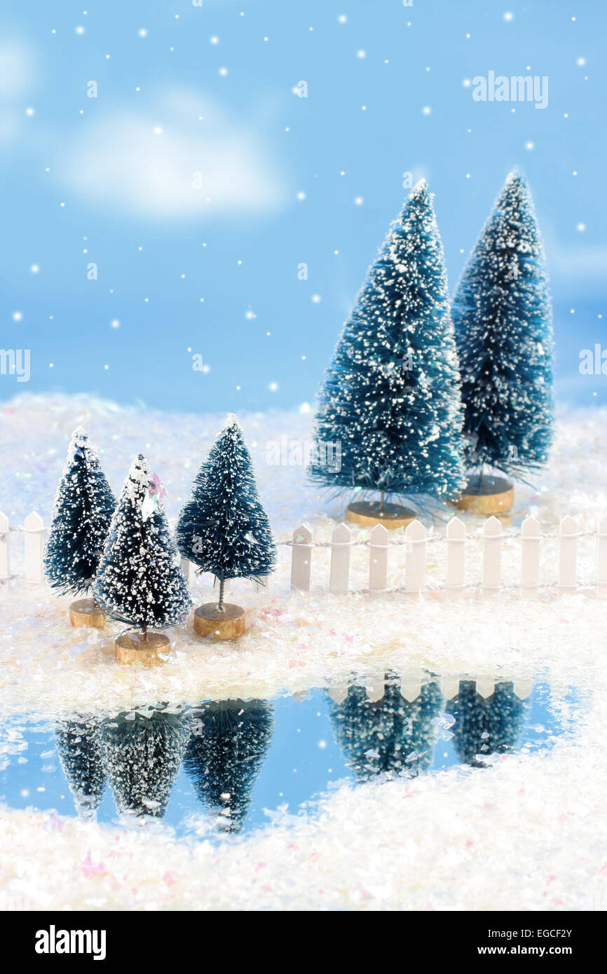 Snowing winter scene with frozen pond, pine trees, and snow Stock Photo
