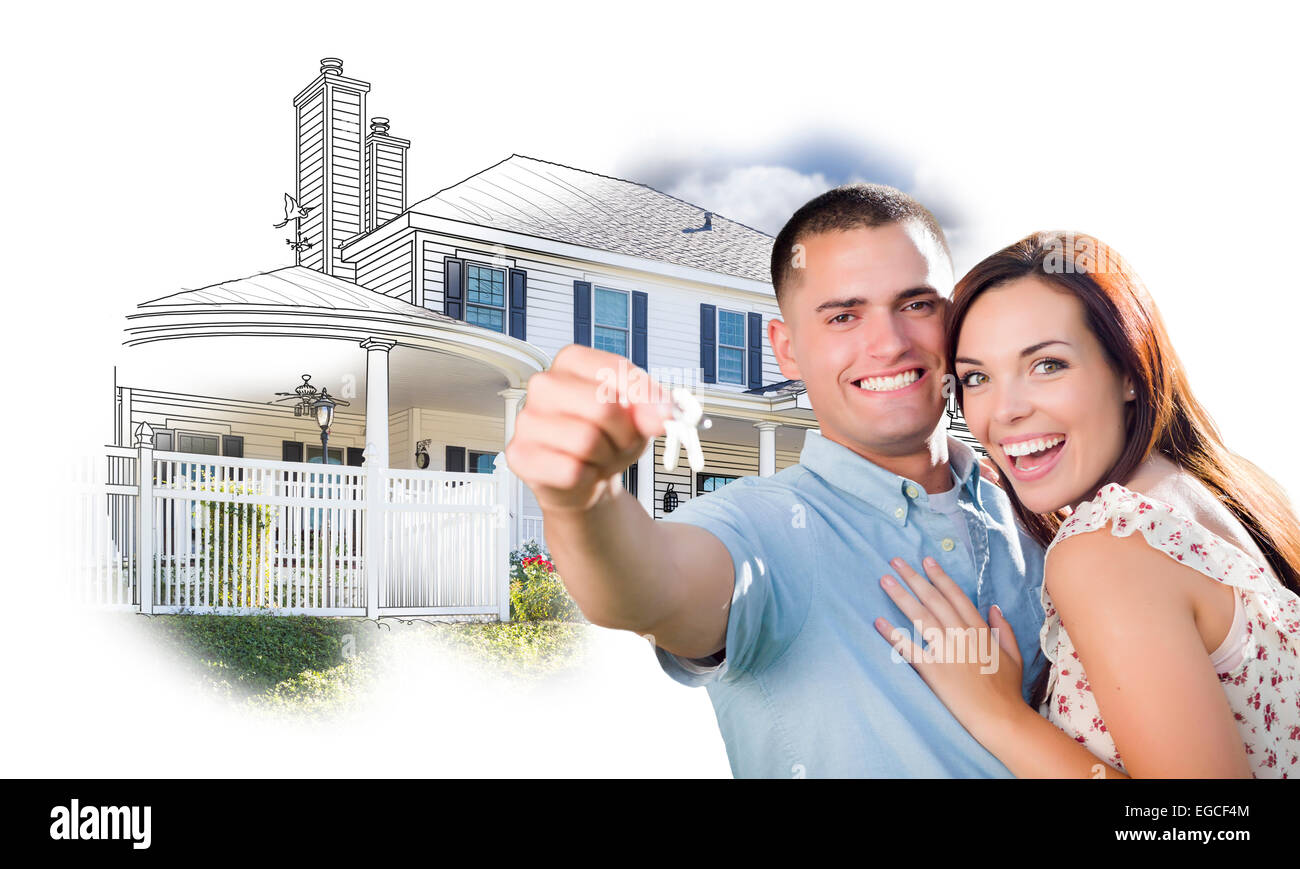 Military Couple with Keys Over House Drawing and Photo Combination on ...