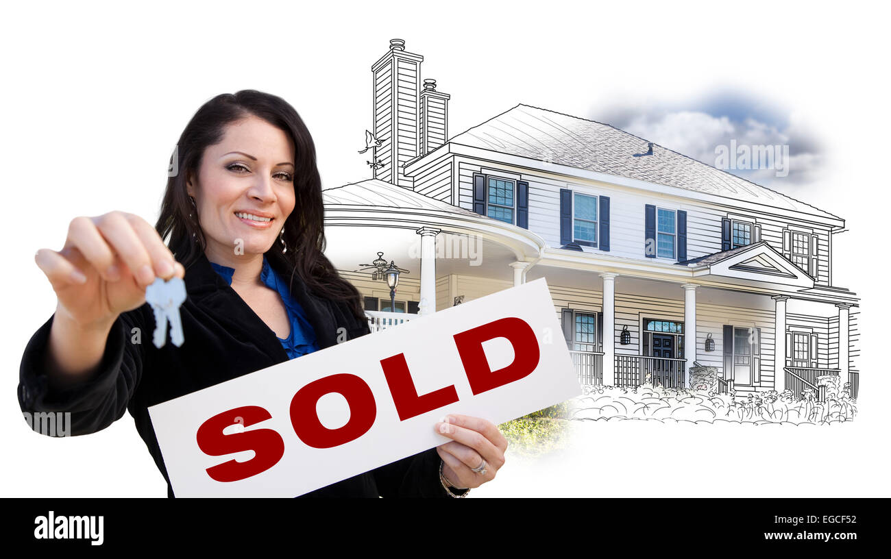 Hispanic Woman Holding Keys and Sold Sign Over House Drawing and Photo ...