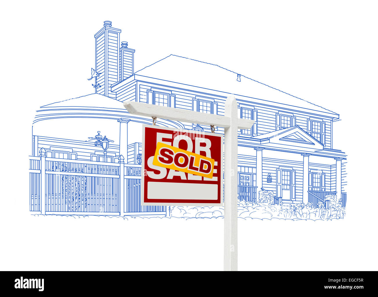 Custom House and Sold Real Estate Sign Drawing on White Background ...