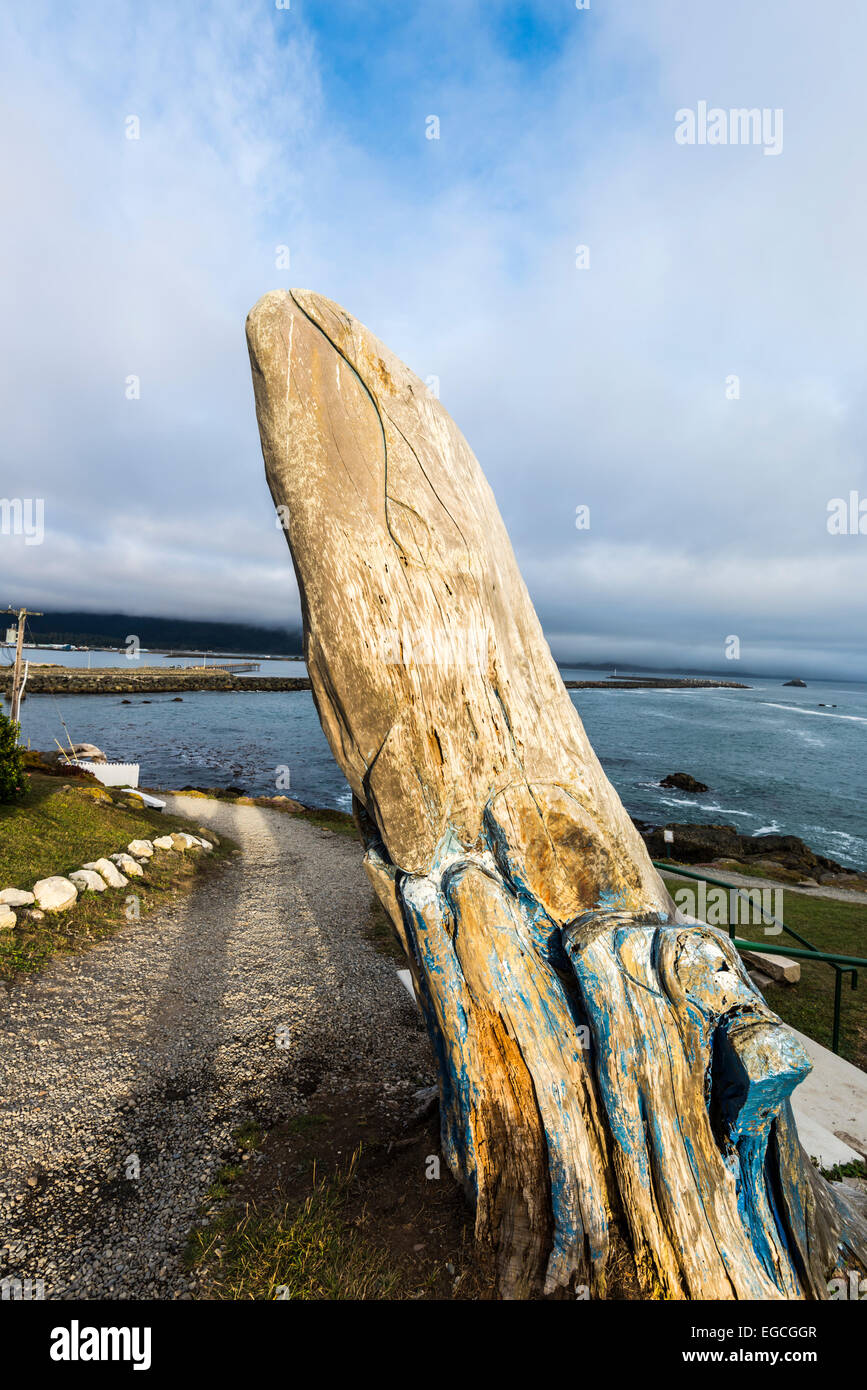 Whale wood carving near the Battery Point Lighthouse. Crescent City, California, United States. Stock Photo