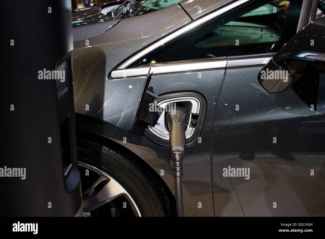 Cadillac ELR charge port and charger. Chicago Auto Show 2015. Stock Photo